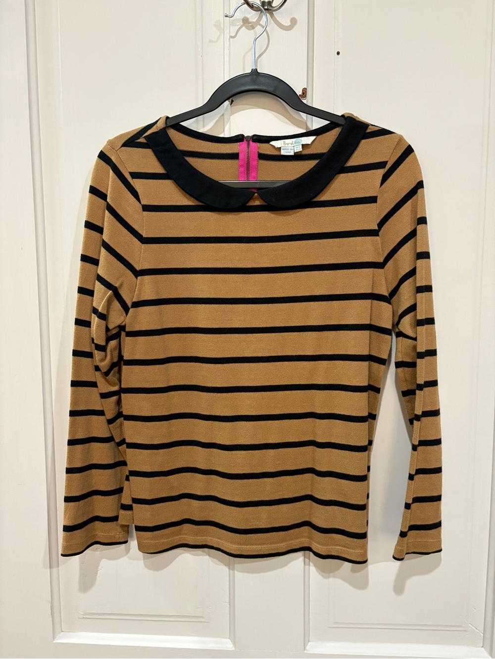 Boden Camel and Black Striped Peter Pan Collar Long-Sleeve Top
